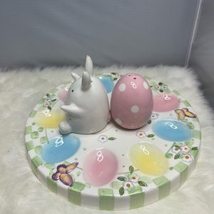 Vintage Easter Egg Holder Plate Server with salt And pepper shakers